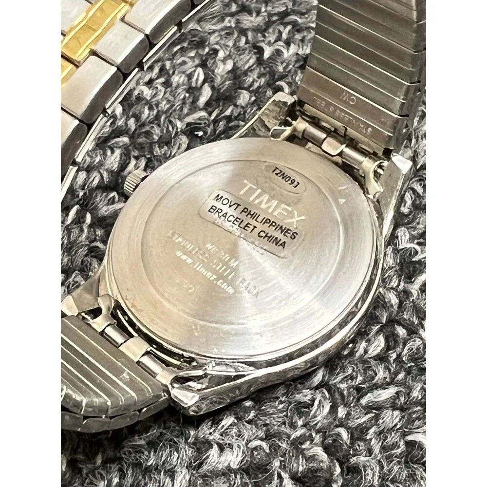 TIMEX Day Date Watch T2N093 Quartz Indiglo Black Dial Stainless Gold Flex Band